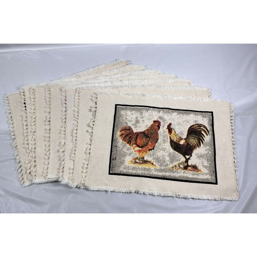 Set Of 6 Rustic Rooster Placemats Fringed Edges Linen Look Cottage‎ Farmhouse
